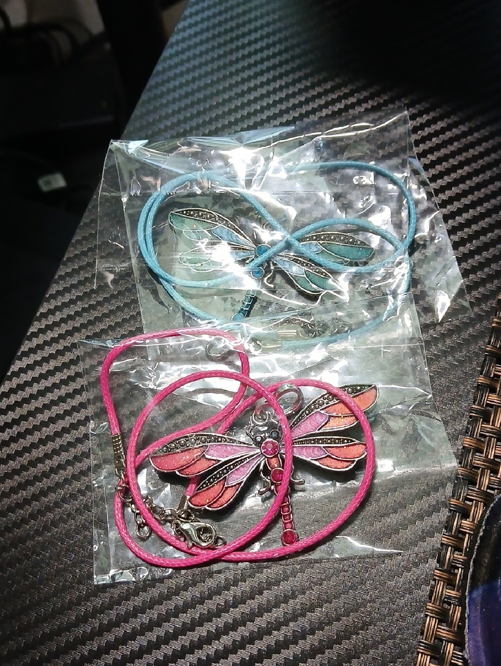 NWOT 2PC Two Tone Blue and Red Pink Dragonfly Pendant Necklaces Cord Chains